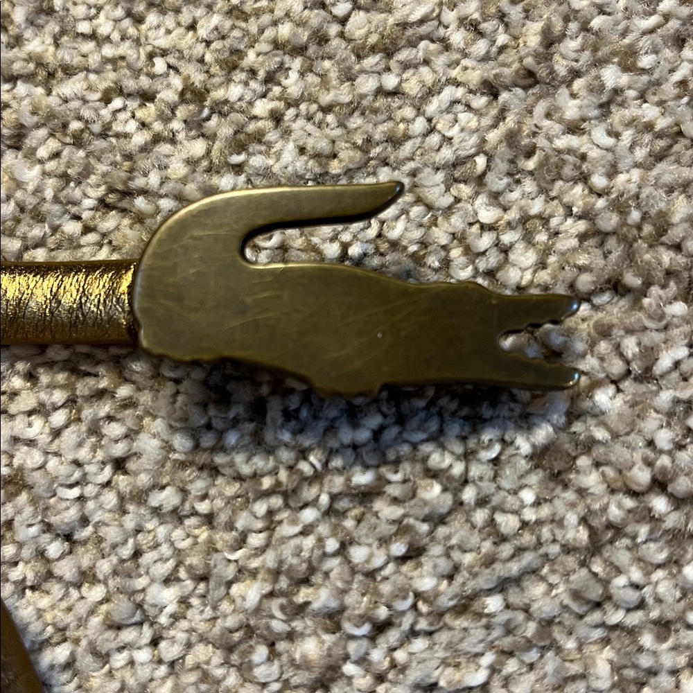 🐊Lacoste Leather Distress textured Gold/Bronze slim belt with alligator buckle M